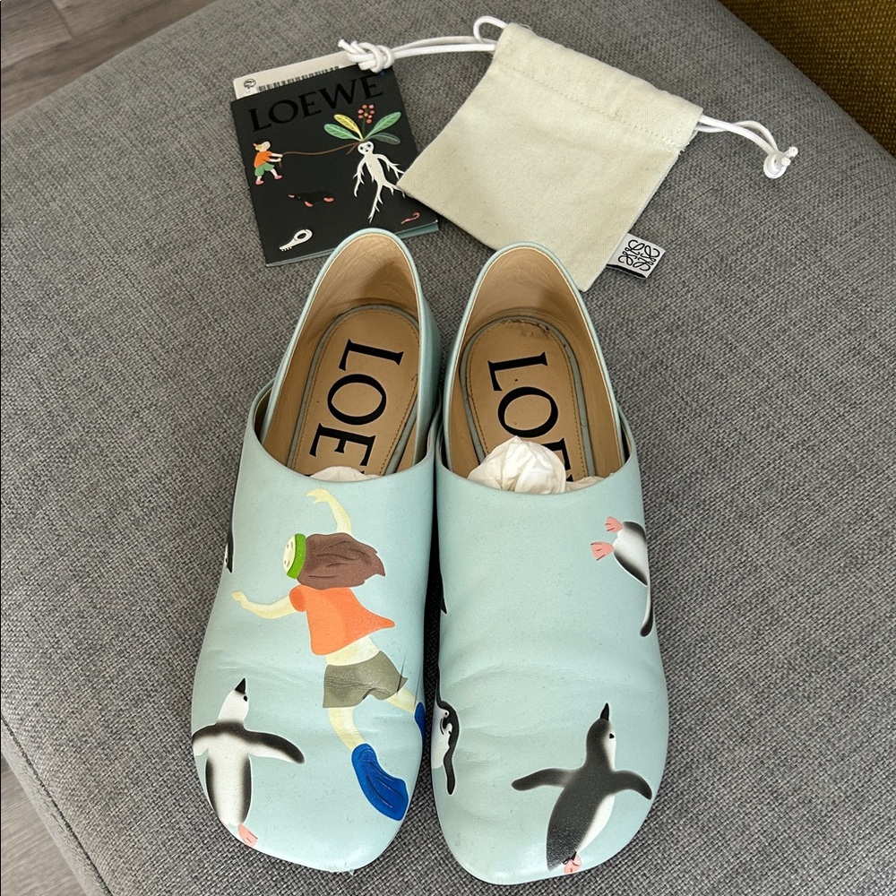 Loewe Light Blue Flats with Penguin Design